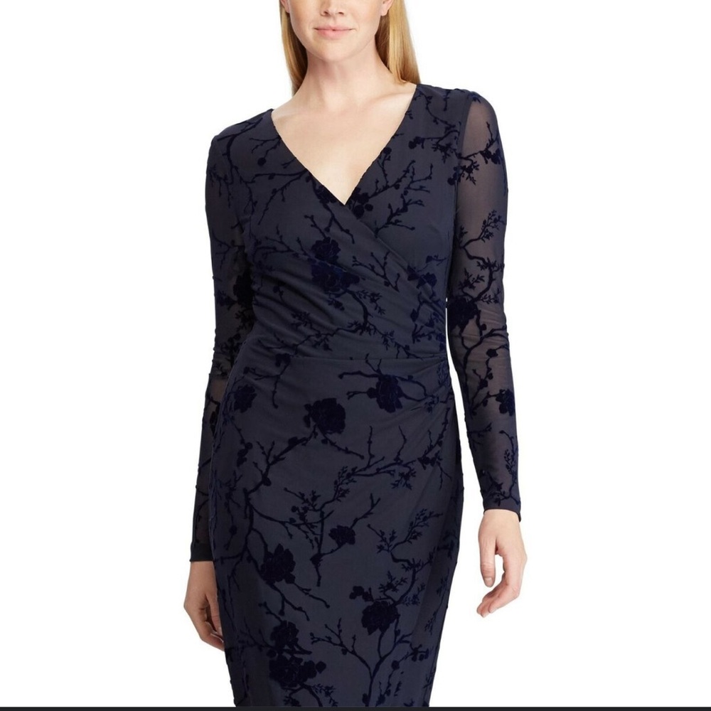 Ralph Lauren Women's Fluted Lace Inset Velvet Dress Navy Size 16